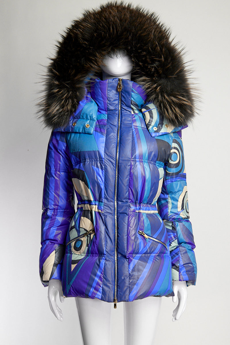 Emilio Pucci Blue Patterned Puffer with Fur Trim Hood IT 42