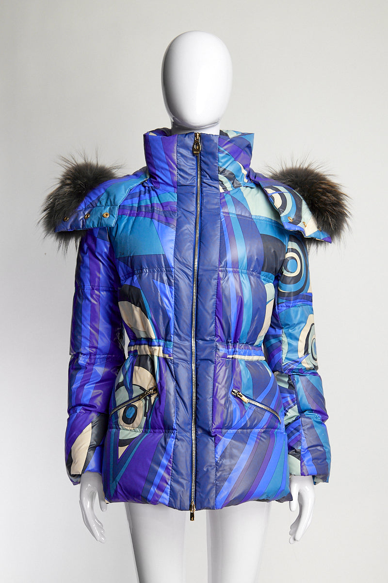 Emilio Pucci Blue Patterned Puffer with Fur Trim Hood IT 42