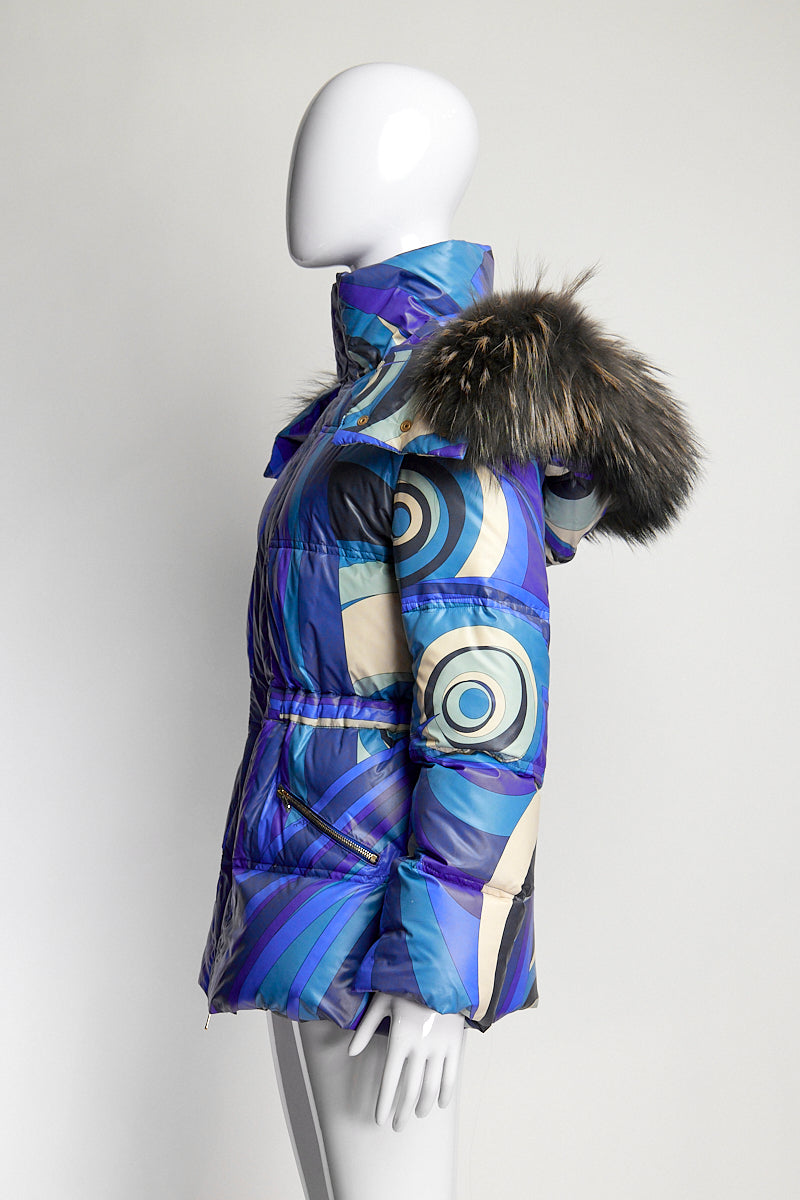 Emilio Pucci Blue Patterned Puffer with Fur Trim Hood IT 42