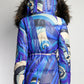 Emilio Pucci Blue Patterned Puffer with Fur Trim Hood IT 42