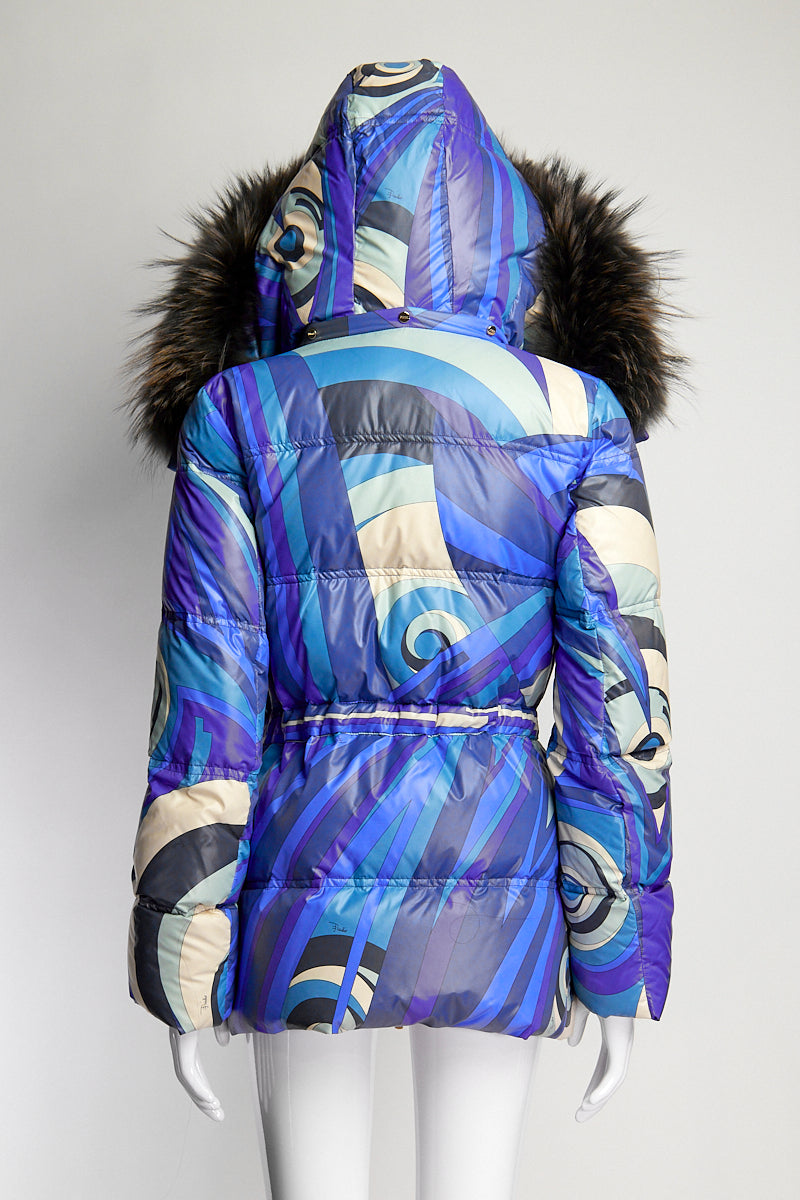 Emilio Pucci Blue Patterned Puffer with Fur Trim Hood IT 42