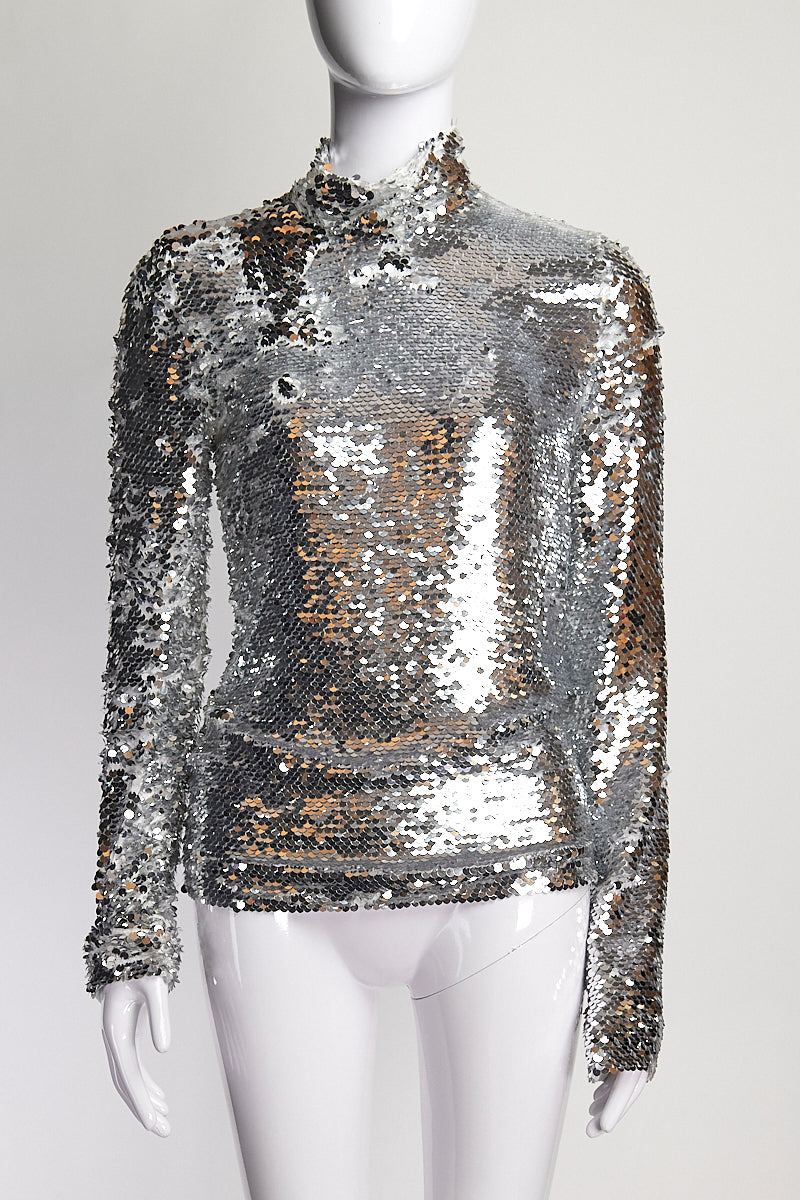 MSGM Sequin Silver Turtleneck Top FR38 IT42