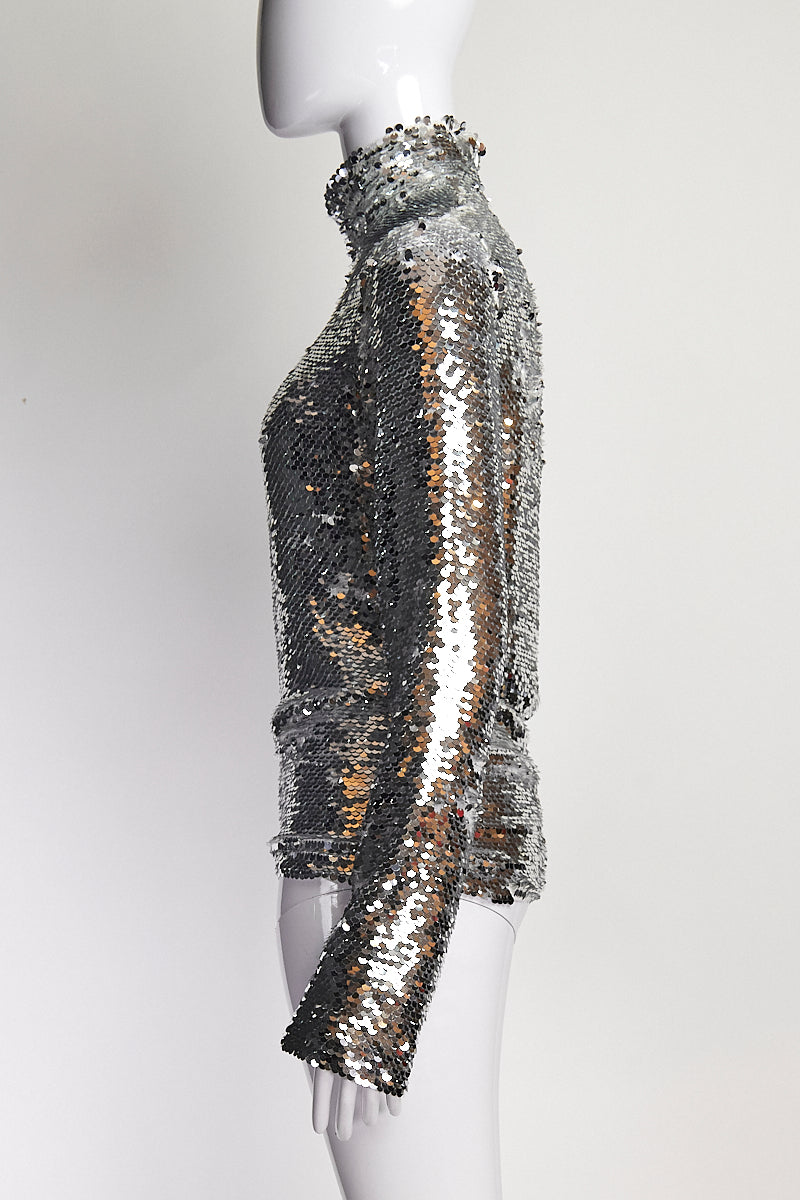 MSGM Sequin Silver Turtleneck Top FR38 IT42