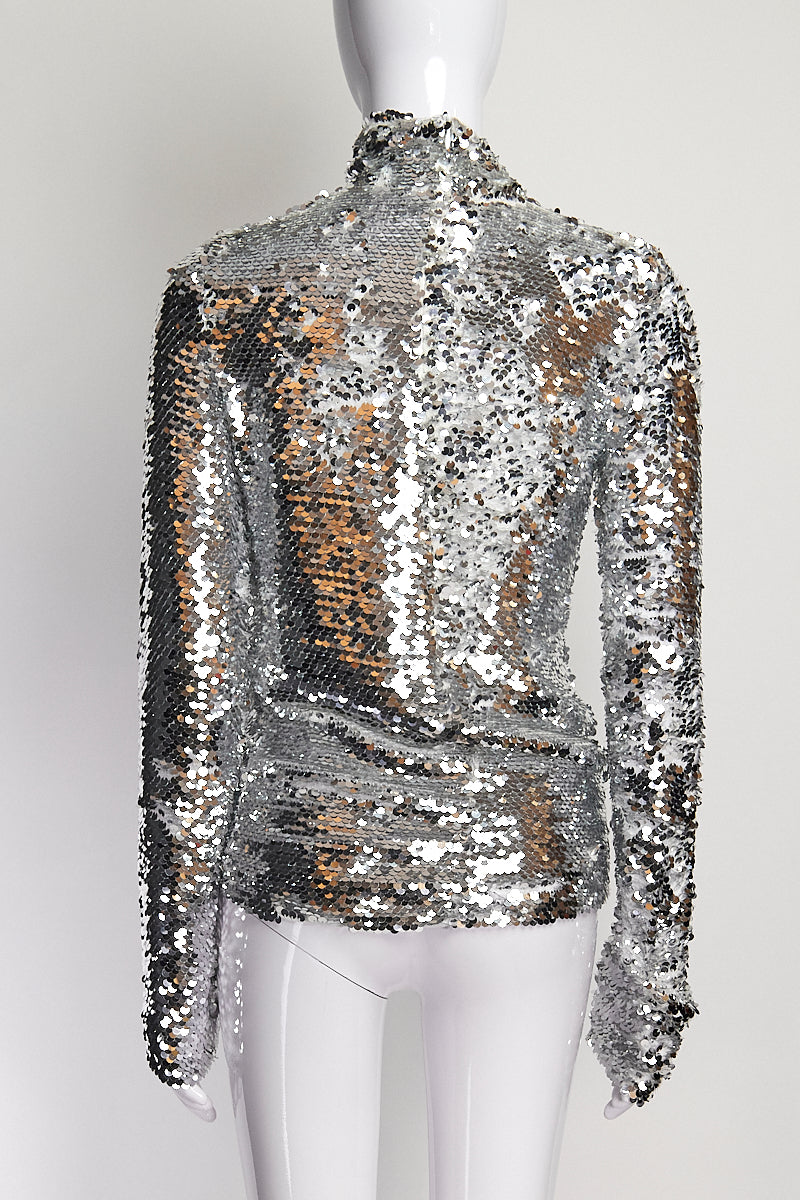 MSGM Sequin Silver Turtleneck Top FR38 IT42