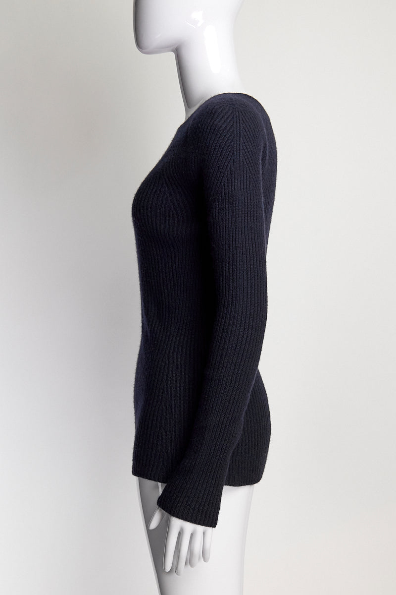 The Row Navy Cashmere Ribbed Sweater