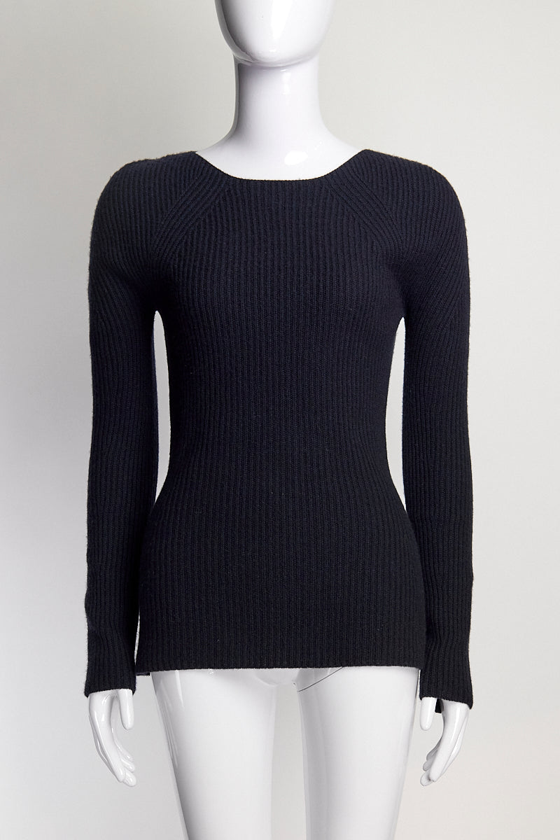 The Row Navy Cashmere Ribbed Sweater