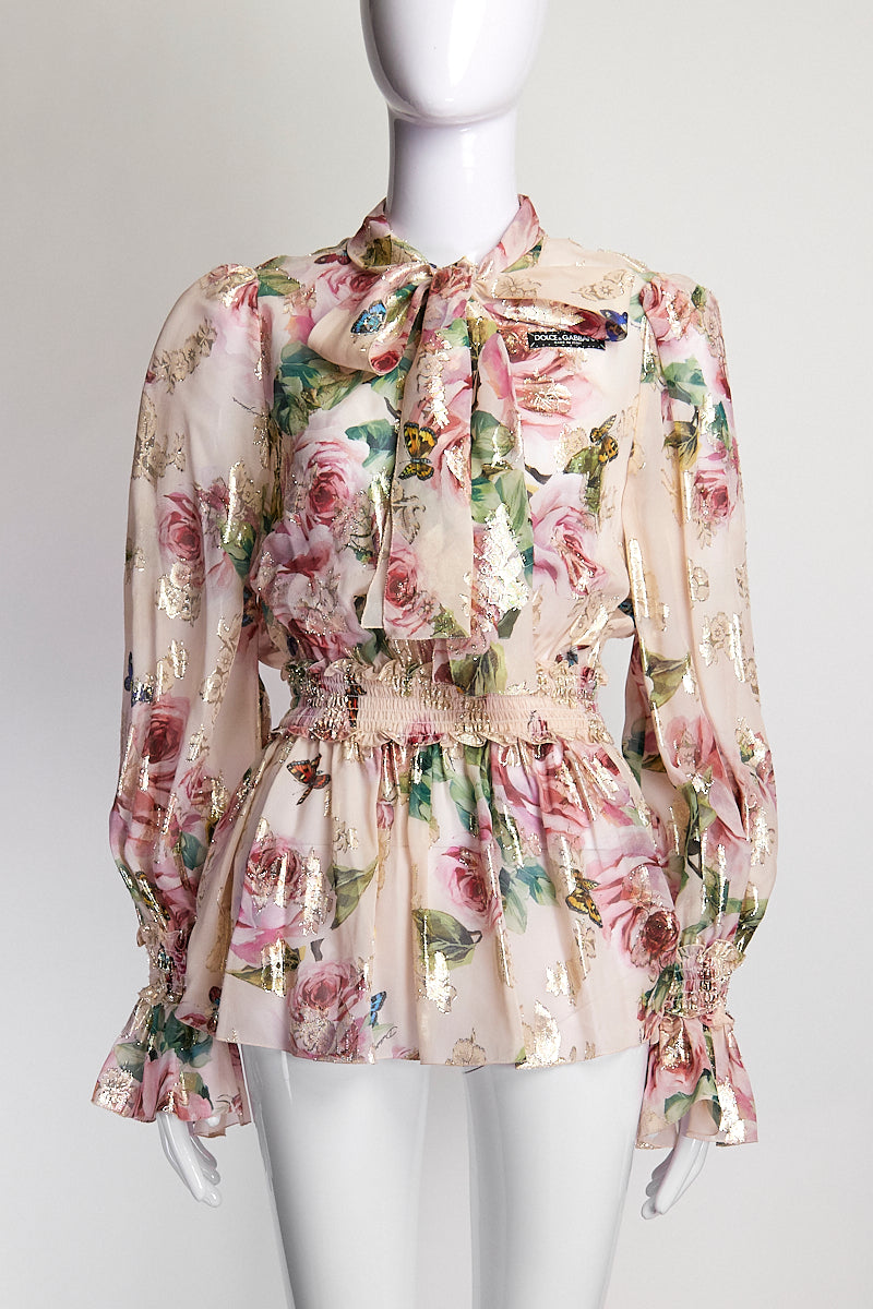 Dolce & Gabbana Pink Floral Blouse with Necktie