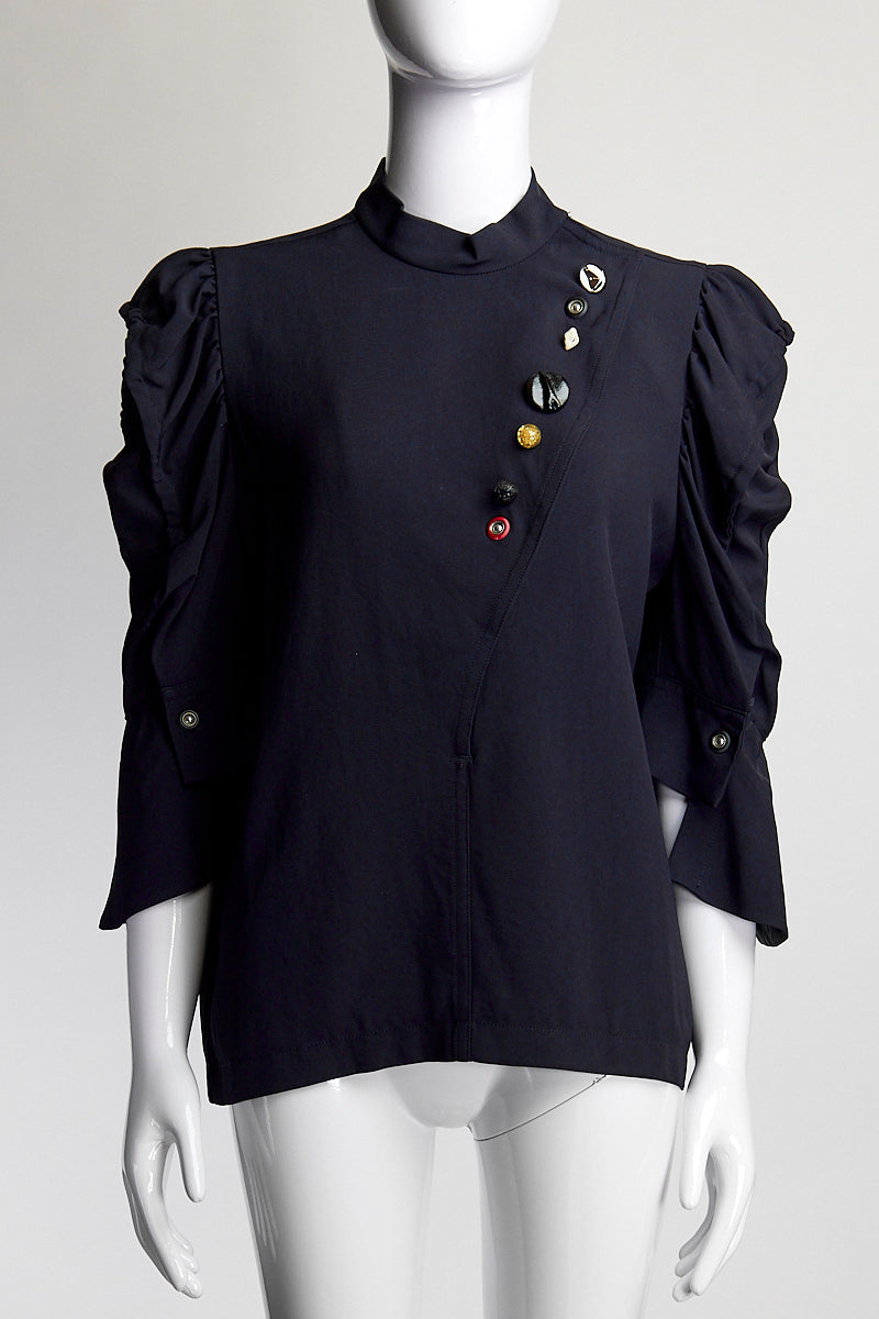 Toga Pulla Navy High Neck Blouse with Jewel Detail