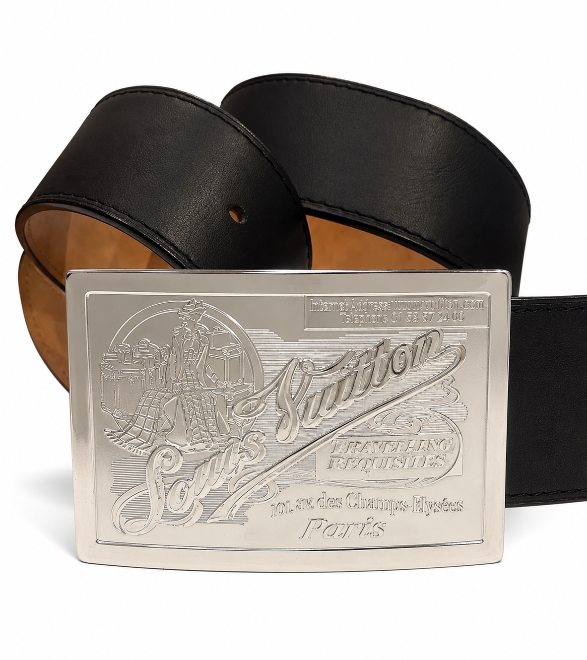 louis vuitton "travelling requisites" silver buckle belt - size 95