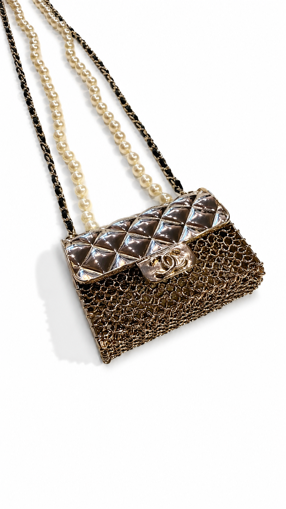 CHANEL FAUX PEARL AND LEATHER FLAP BAG PENDANT NECKLACE