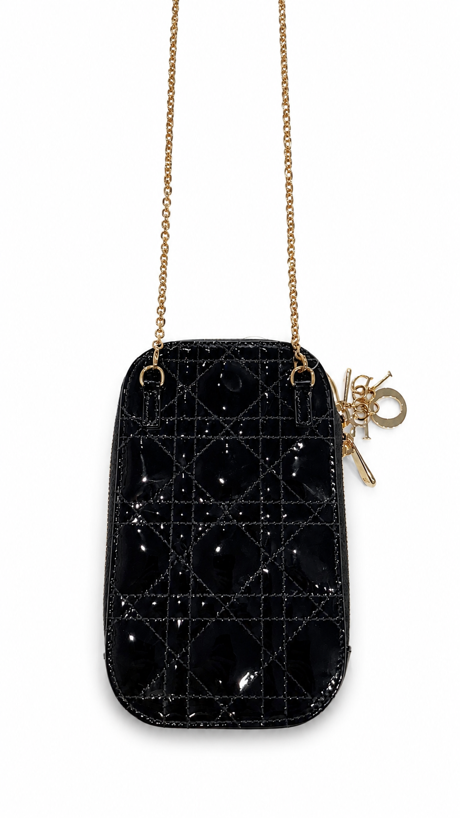 Dior Lady Dior Phone Holder in PATENT Black LEATHER WITH CHAIN