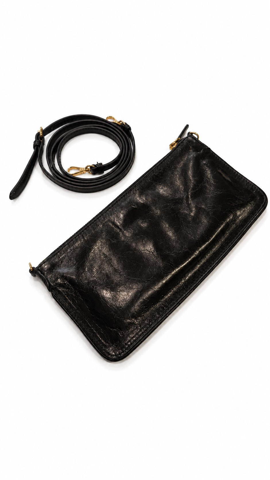 prada black leather top zip clutch with strap