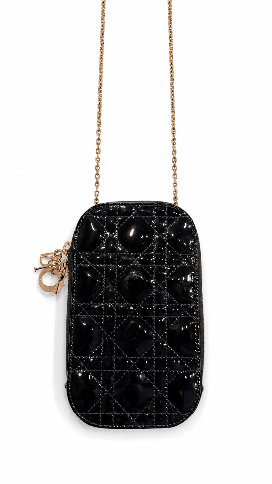 Dior Lady Dior Phone Holder in PATENT Black LEATHER WITH CHAIN