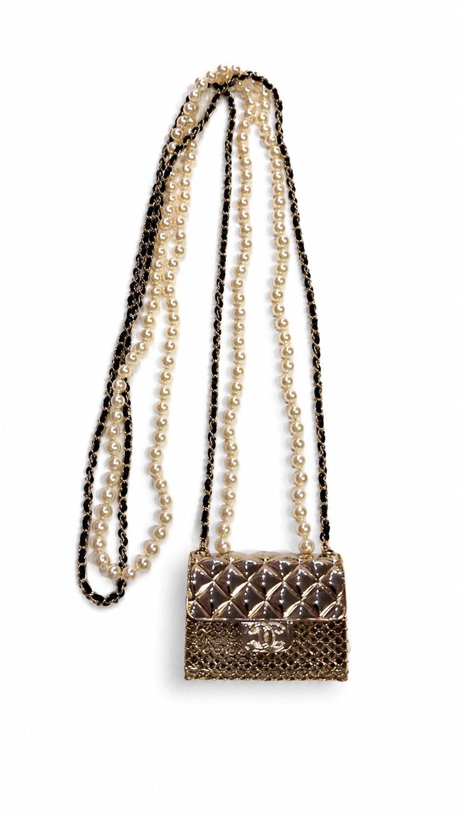 CHANEL FAUX PEARL AND LEATHER FLAP BAG PENDANT NECKLACE