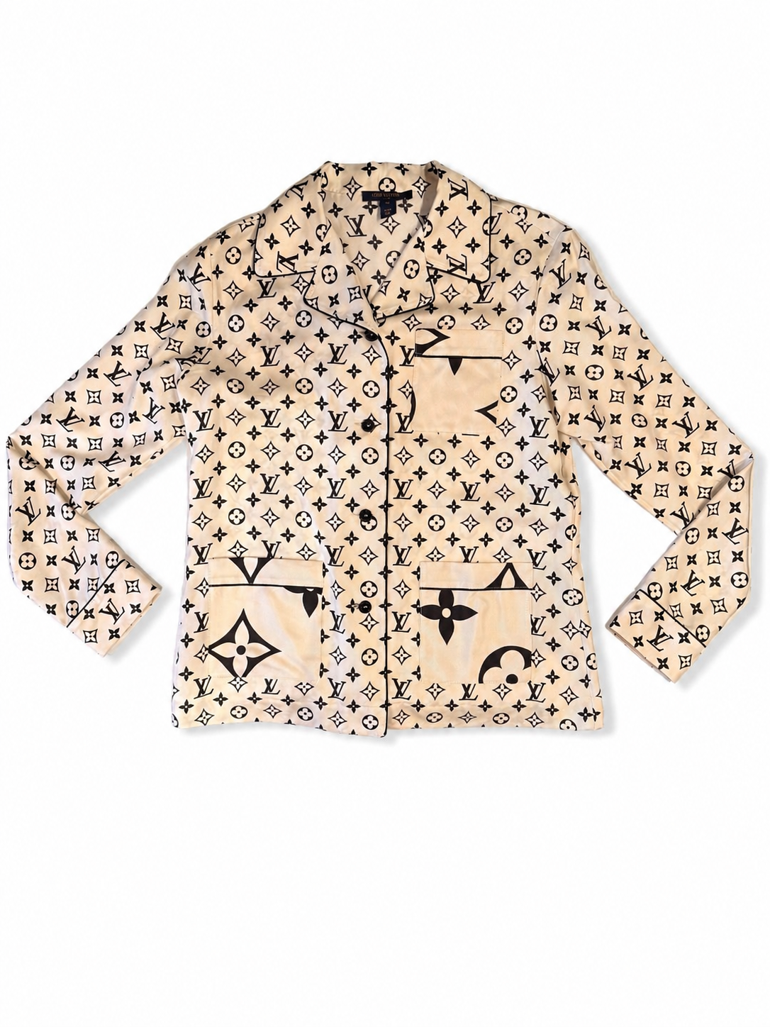 Louis Vuitton Navy Monogram Cream Silk Shirt 36
