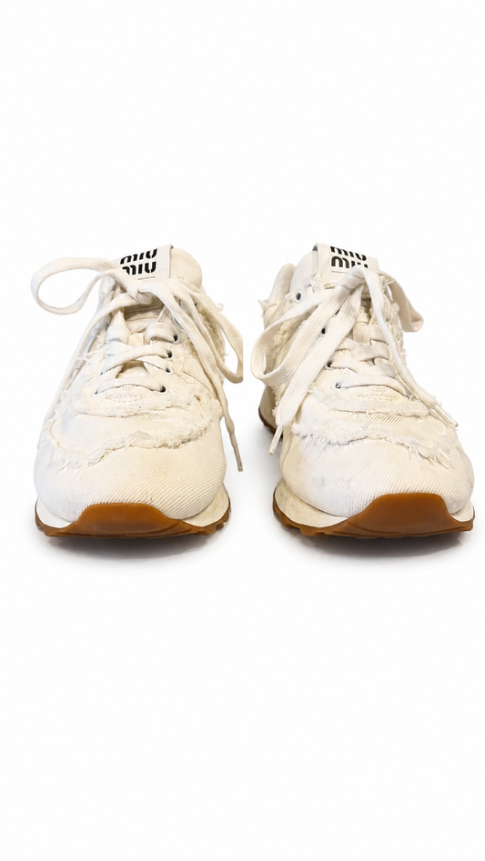 MIU MIU X NEW BALANCE WHITE DISTRESSED SNEAKERS - SIZE 38