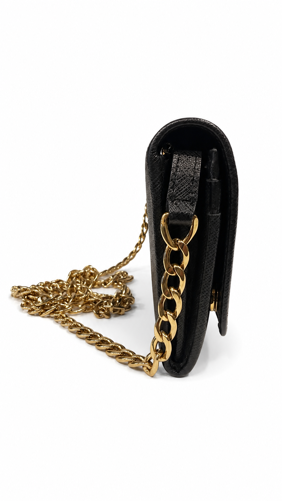 Prada black saffiano leather wallet on chain