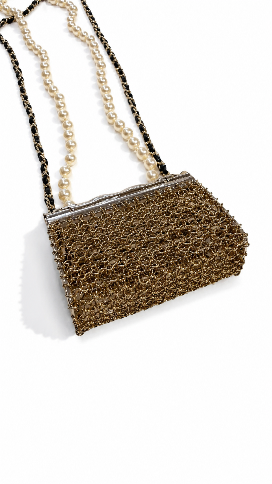 CHANEL FAUX PEARL AND LEATHER FLAP BAG PENDANT NECKLACE