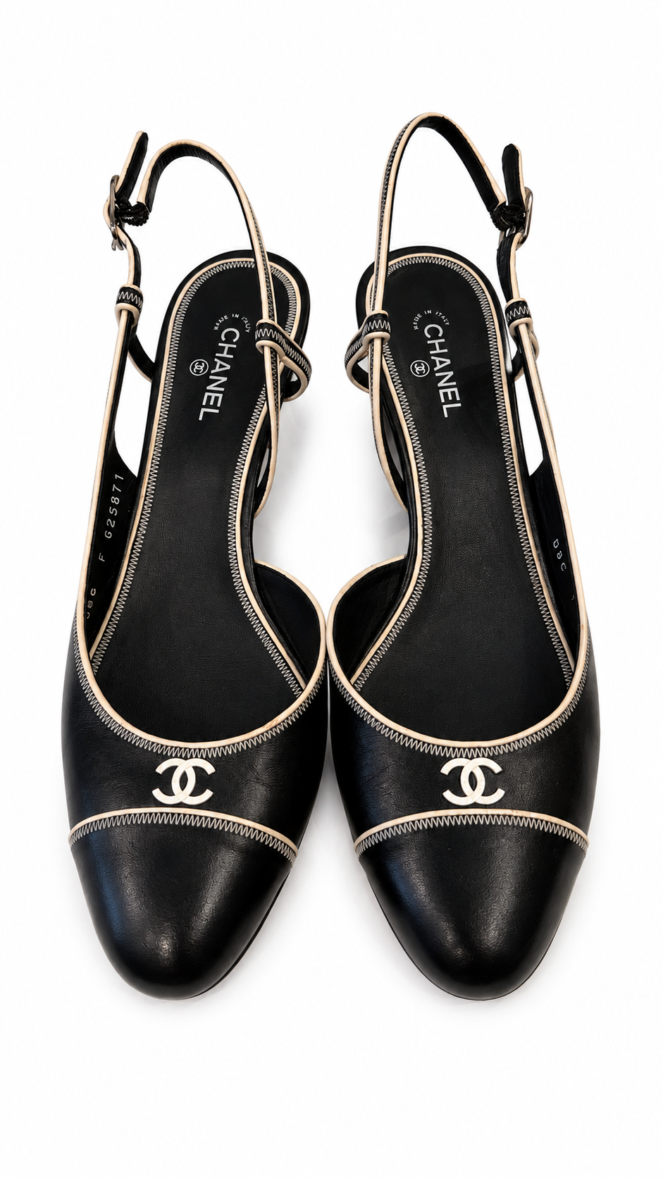 chanel coco black slingback pumps with white trim - size 40