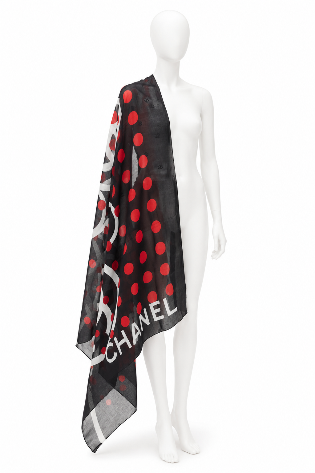 CHANEL BLACK AND RED CC POLKA DOT COTTON PAREO WRAP SHAWL