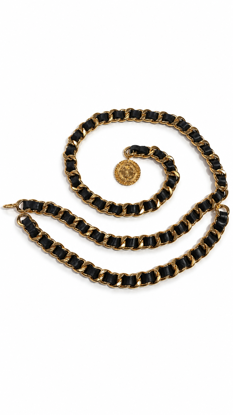 CHANEL VINTAGE BLACK LEATHER AND GOLD CHAIN BELT WITH LOGO CHARM