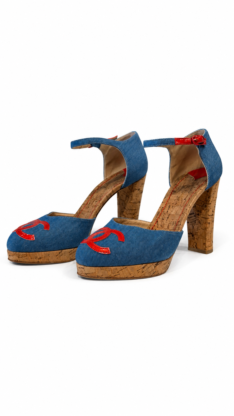 CHANEL BLUE DENIM CORK HEELS WITH LEATHER LOGO - SIZE 39.5