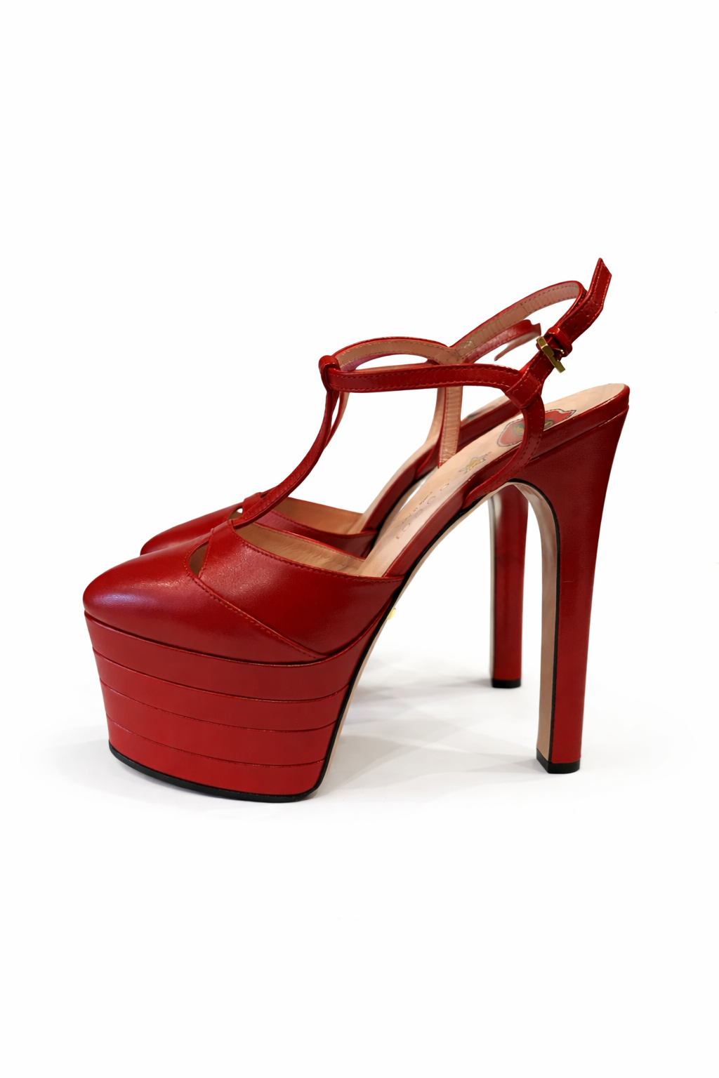 GUCCI RED LEATHER ANGEL T-STRAP PLATFORM SANDALS - SIZE 37.5