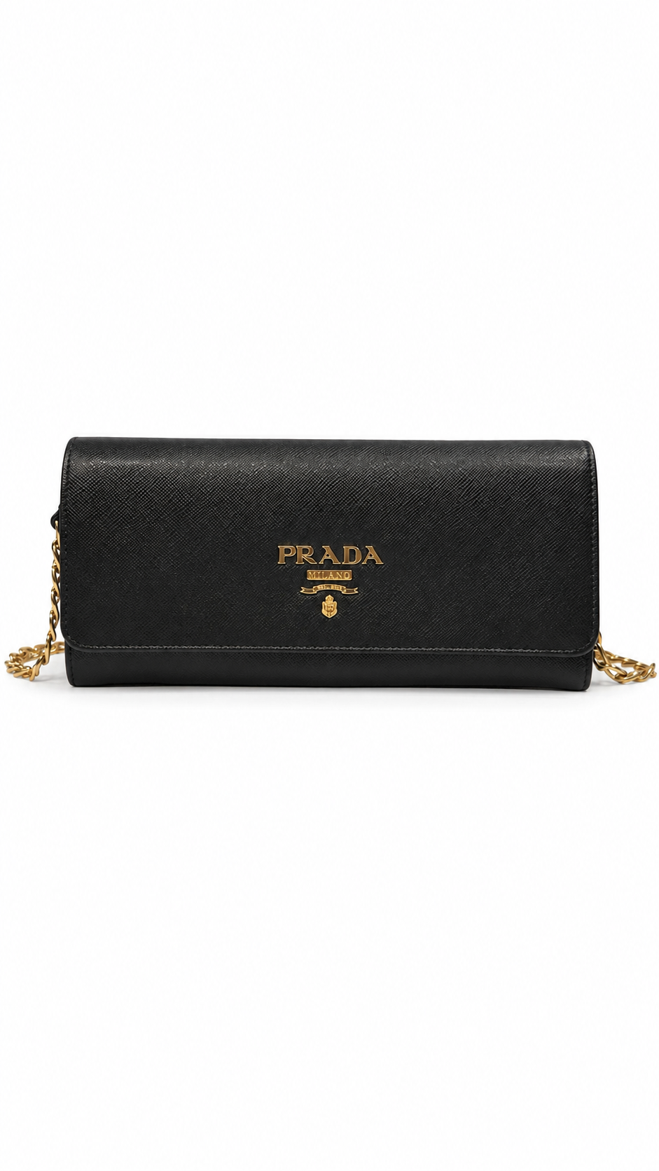 Prada black saffiano leather wallet on chain