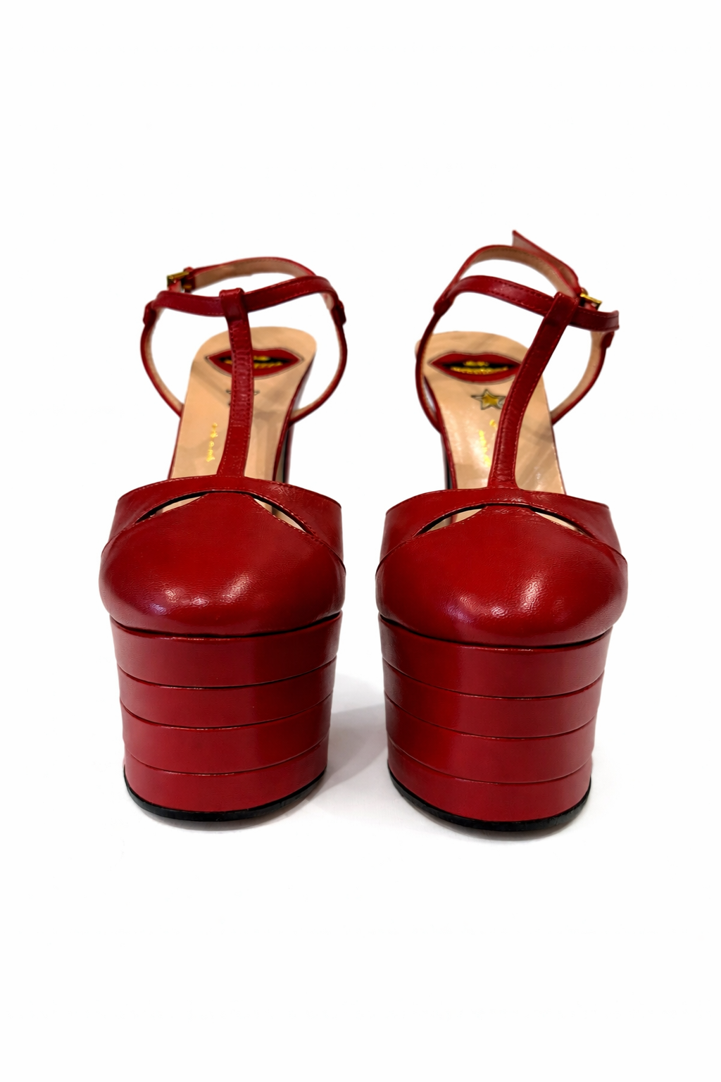 GUCCI RED LEATHER ANGEL T-STRAP PLATFORM SANDALS - SIZE 37.5