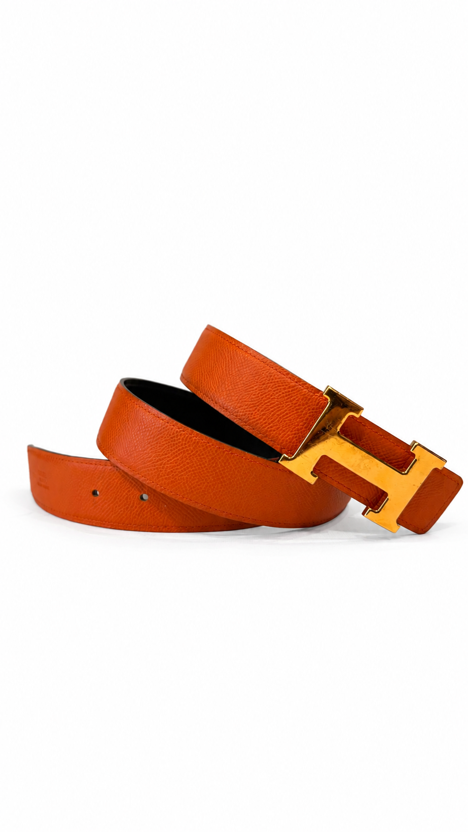 HERMES ORANGE/NOIR EPSOM AND BOX LEATHER CONSTANCE REVERSIBLE BELT - SIZE 70