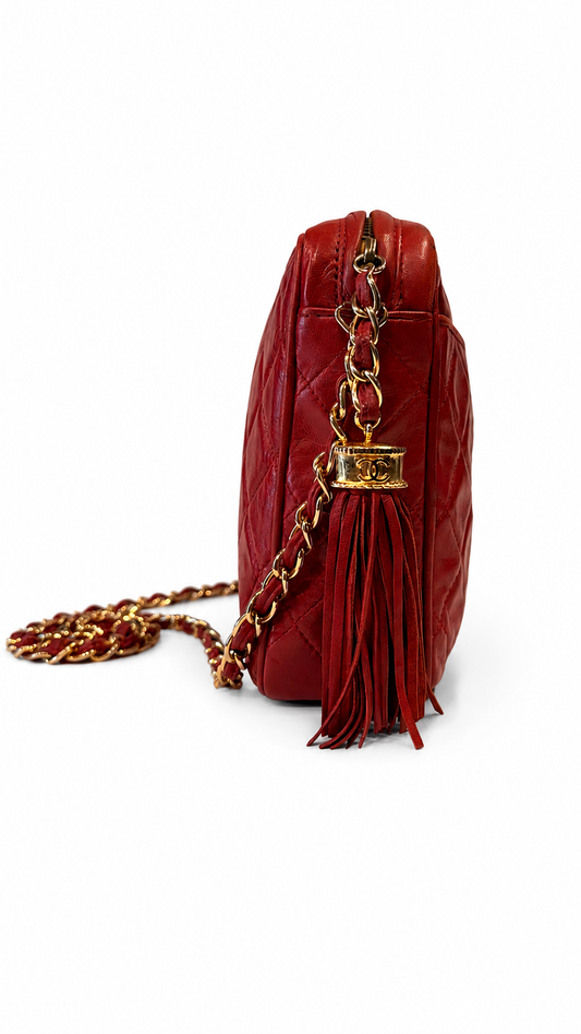 CHANEL RED QUILTED LEATHER VINTAGE CAMERA BAG