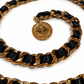 CHANEL VINTAGE BLACK LEATHER AND GOLD CHAIN BELT WITH LOGO CHARM