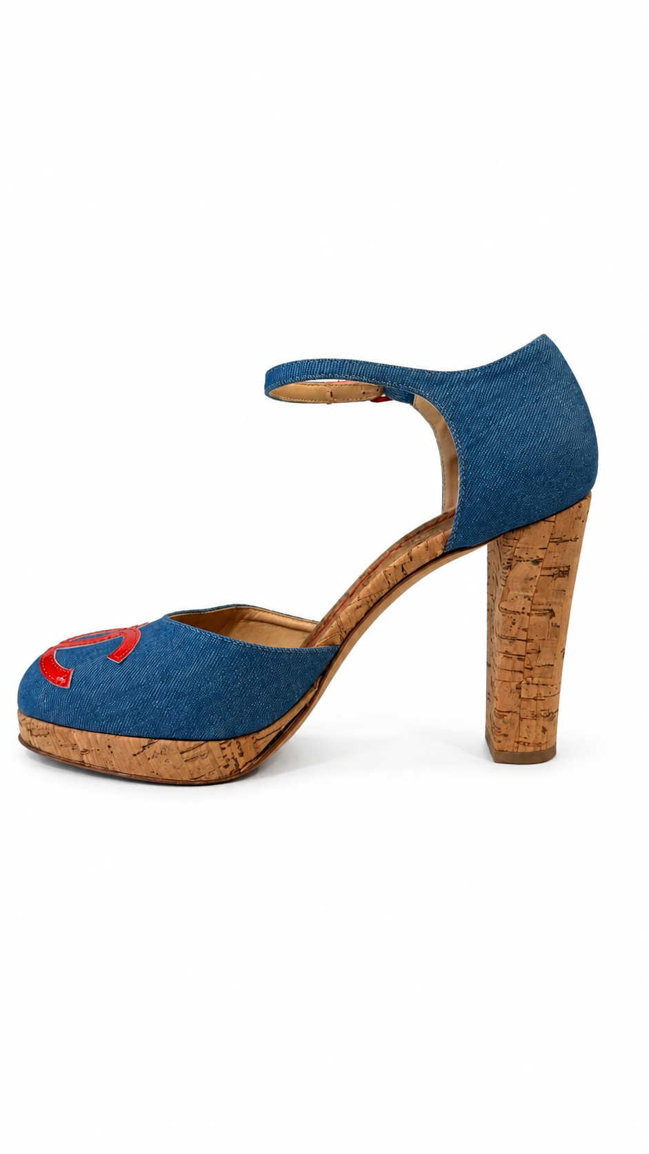 CHANEL BLUE DENIM CORK HEELS WITH LEATHER LOGO - SIZE 39.5