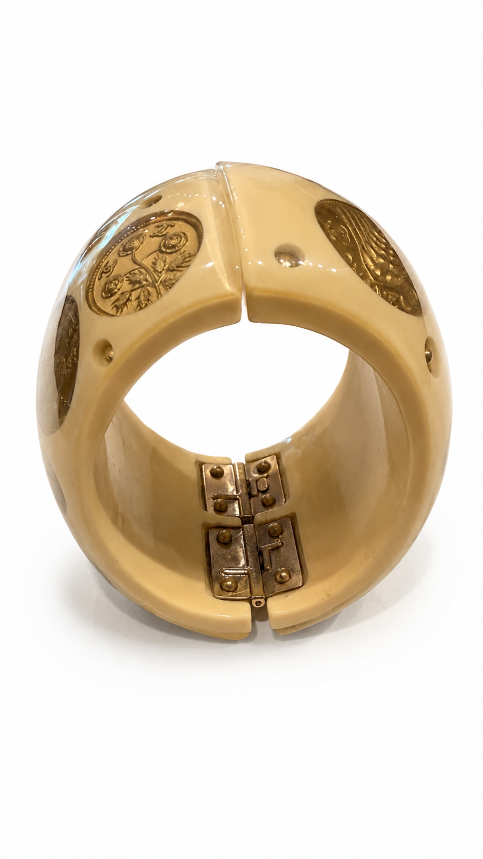 CHANEL "COCO RUE" RESIN AND CAAMBON COIN HINGED CUFF