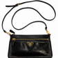 prada black leather top zip clutch with strap