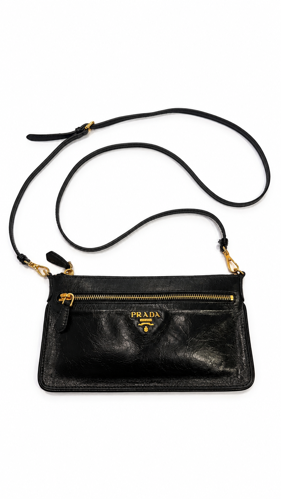 prada black leather top zip clutch with strap