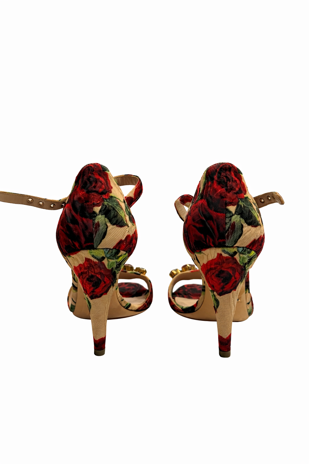 DOLCE AND GABBANA EMBELLISHED FLORAL PRINT BROCADE SANDALS