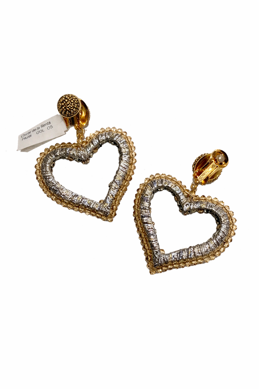 OSCAR DE LA RENTA CRYSTAL HEART CLIP-ON EARRINGS