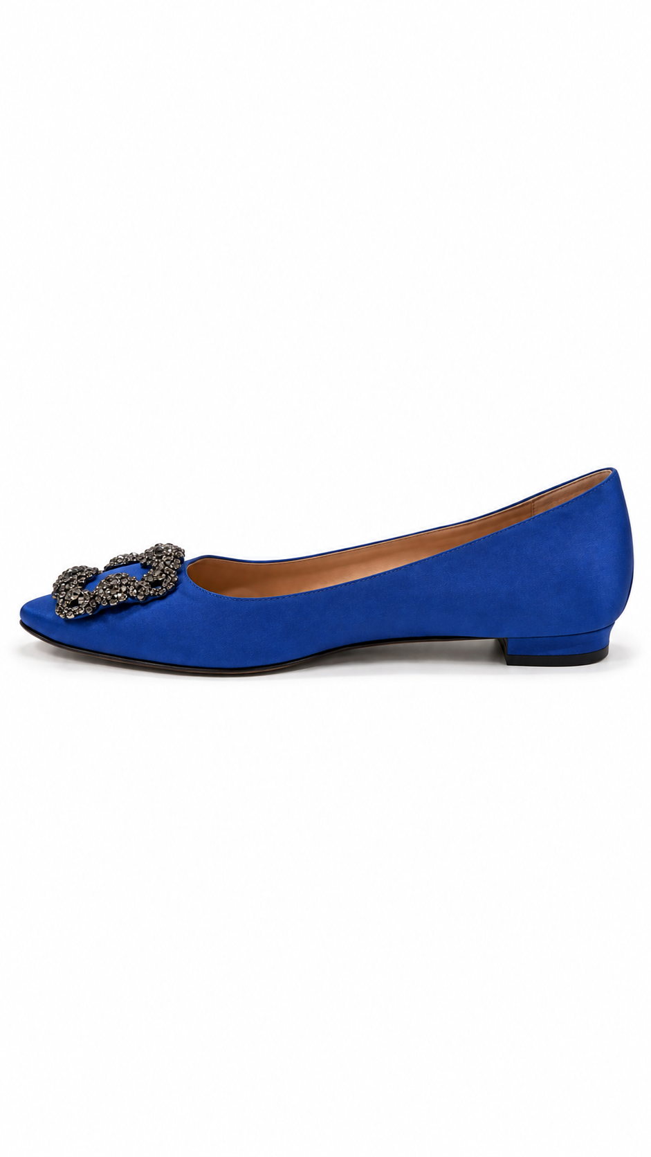MANOLO BLAHNIK HANGISIFLAT BLUE SATIN WITH JEWEL BUCKLE - 37.5