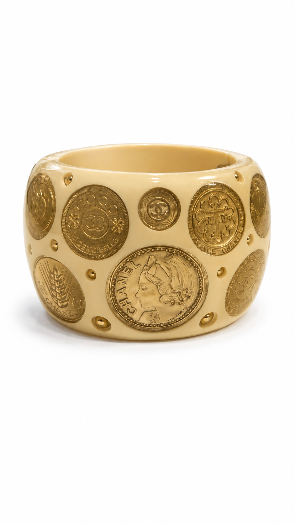 CHANEL "COCO RUE" RESIN AND CAAMBON COIN HINGED CUFF