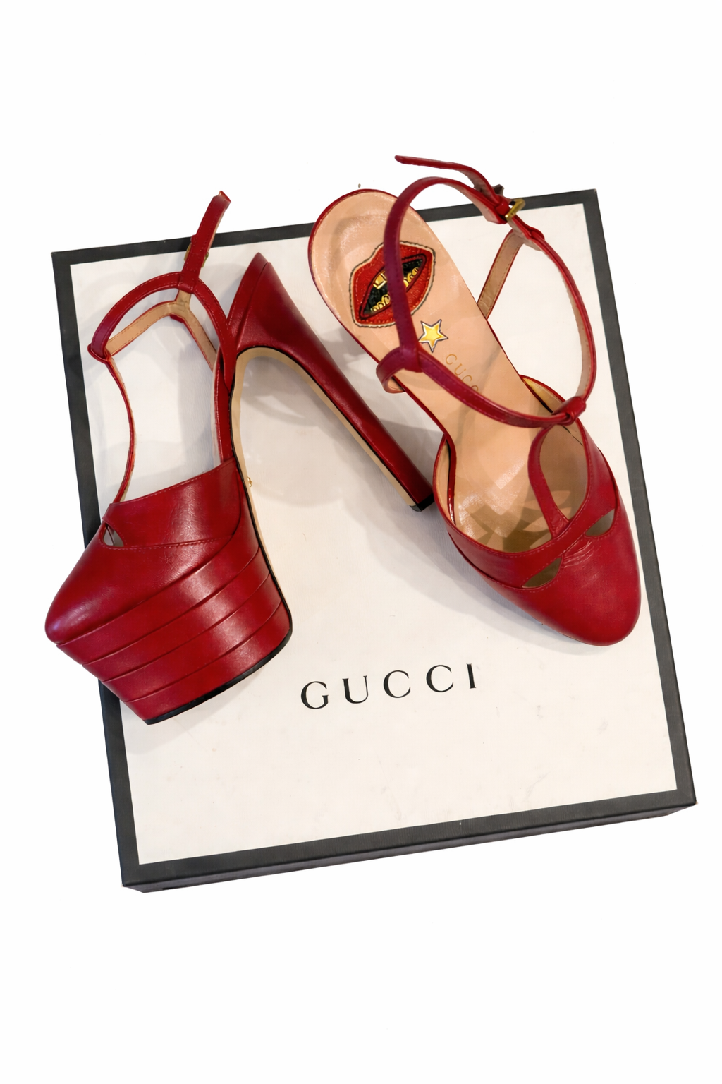 GUCCI RED LEATHER ANGEL T-STRAP PLATFORM SANDALS - SIZE 37.5