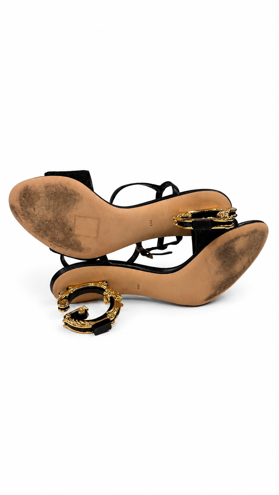 DOLCE AND GABBANA KEIRA BAROQUE DG LEATHER SANDALS - SIZE 38.5