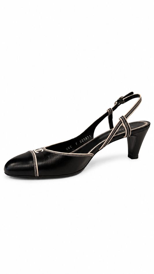 chanel coco black slingback pumps with white trim - size 40