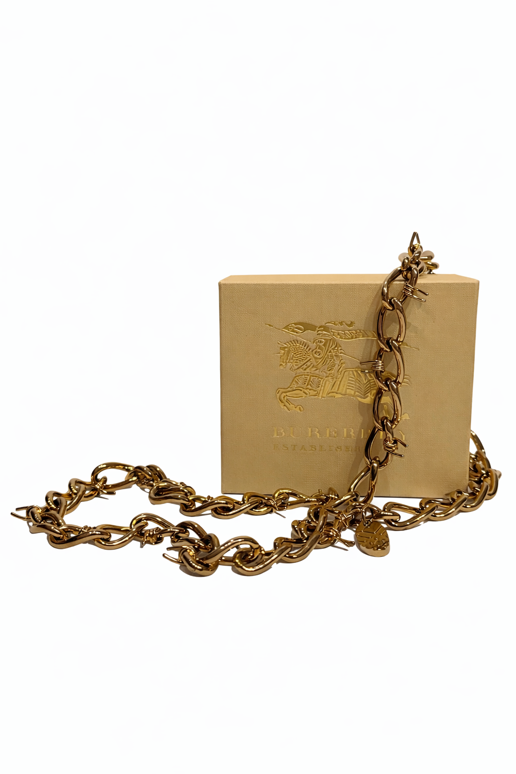Burberry Gold Barb Wire Chain Necklace with Check Pattern Detail