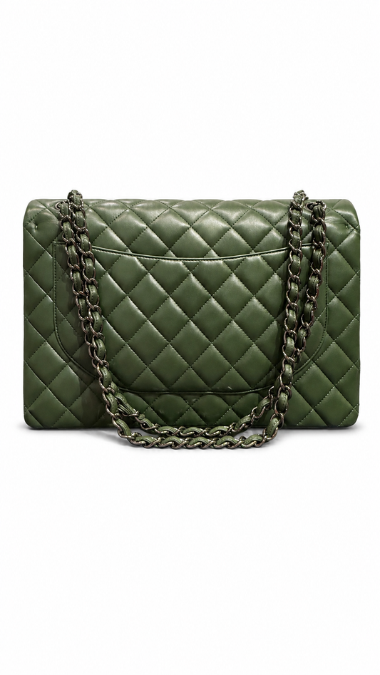 chanel dark green quilted caviar leather jumbo bag