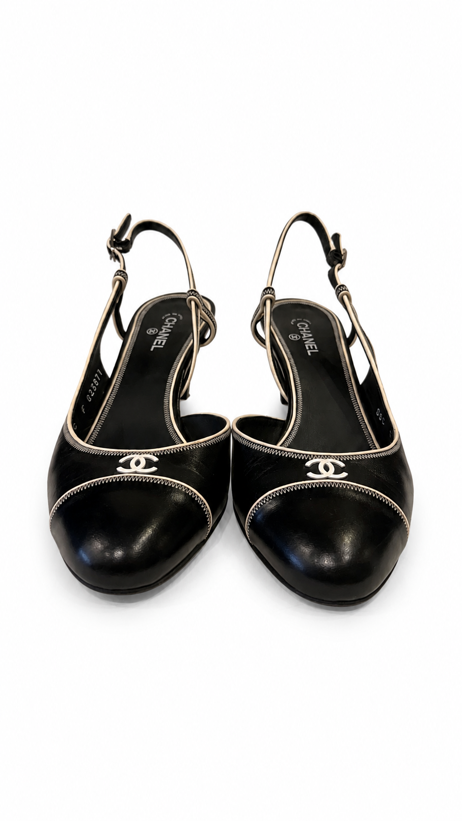 chanel coco black slingback pumps with white trim - size 40