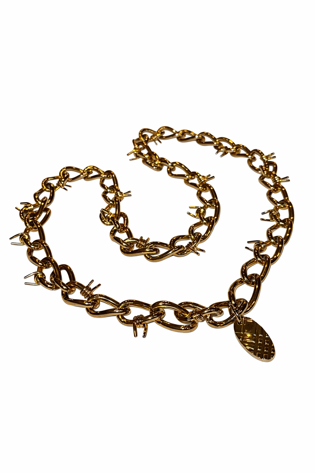 Burberry Gold Barb Wire Chain Necklace with Check Pattern Detail