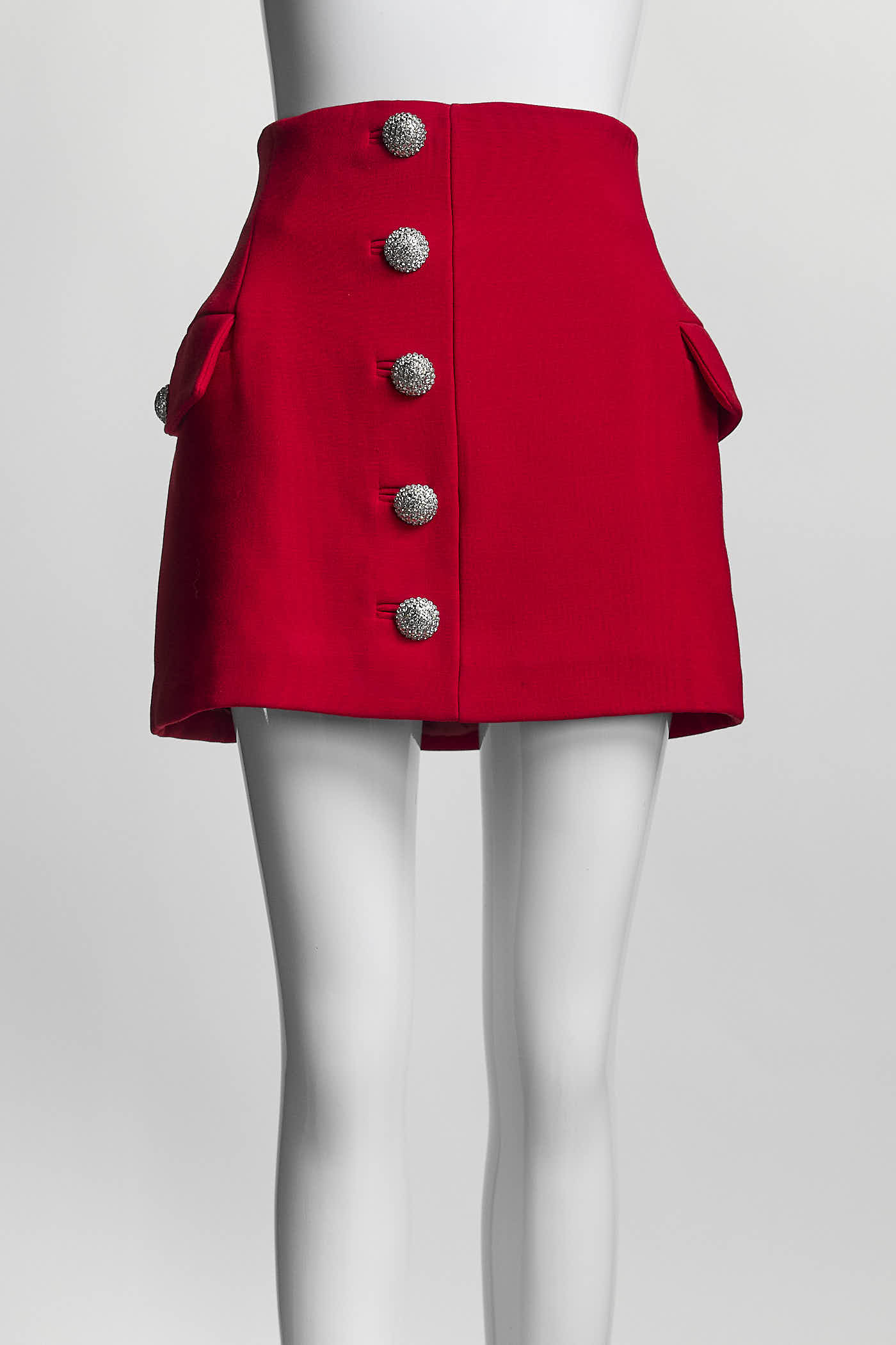 Alessandra Rich Red Mini Skirt w/Silver Crystal Encrusted Bottons 40