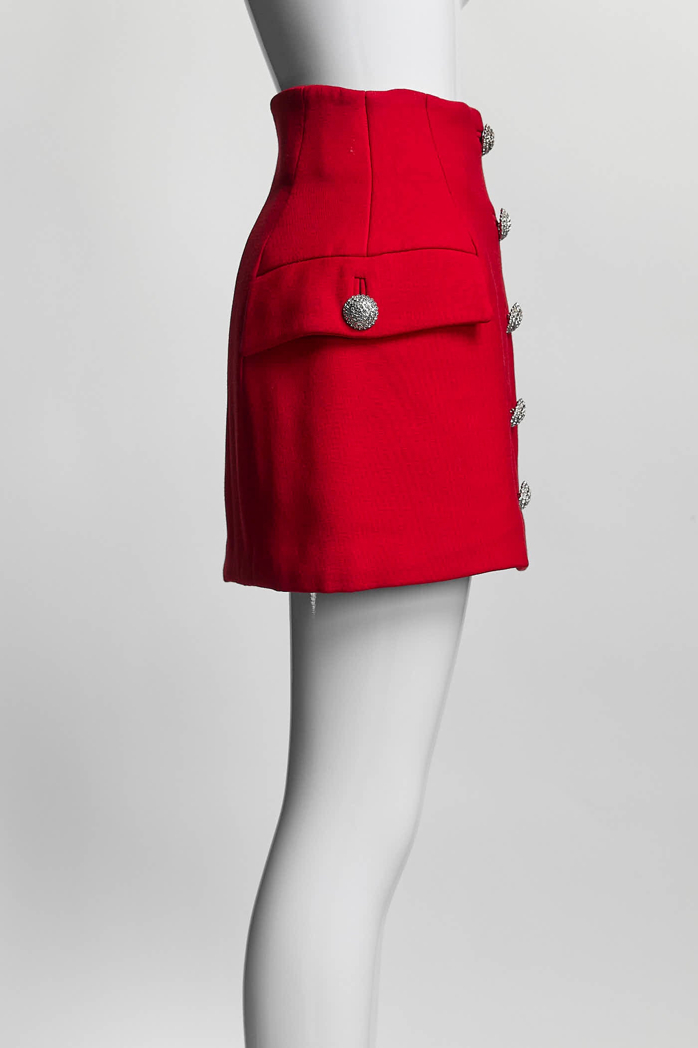 Alessandra Rich Red Mini Skirt w/Silver Crystal Encrusted Bottons 40
