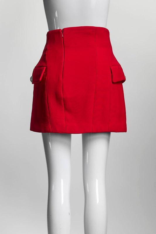 Alessandra Rich Red Mini Skirt w/Silver Crystal Encrusted Bottons 40